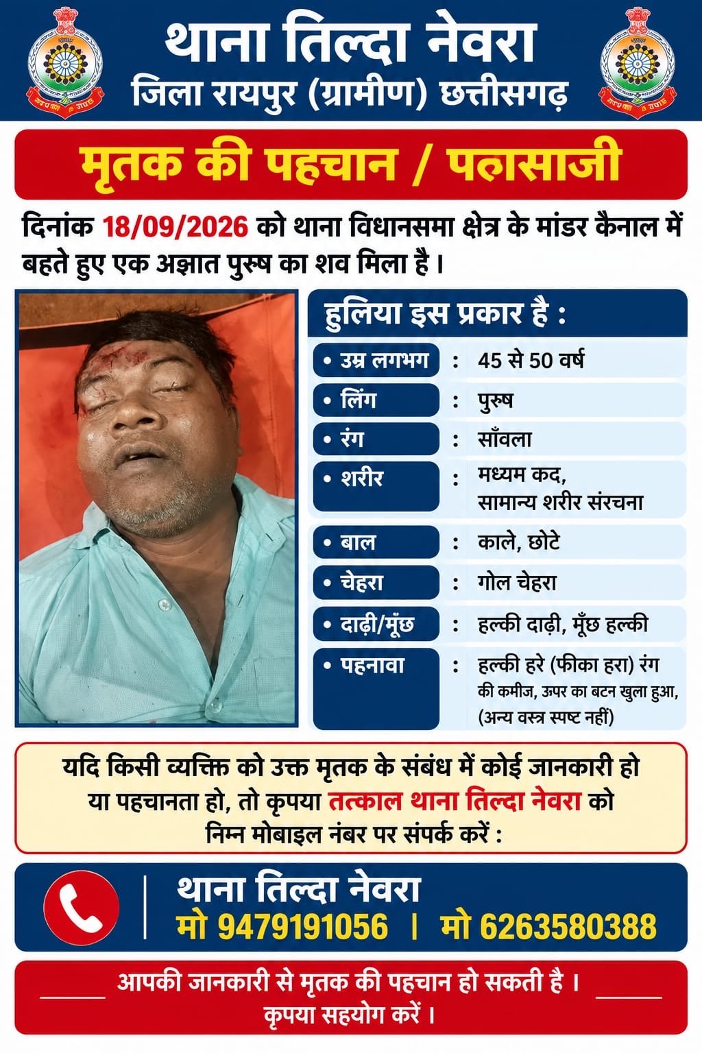 मांडर नहर में मिला अज्ञात व्यक्ति का शव, पहचान के लिए तिल्दा-नेवरा पुलिस ने जारी की सूचना